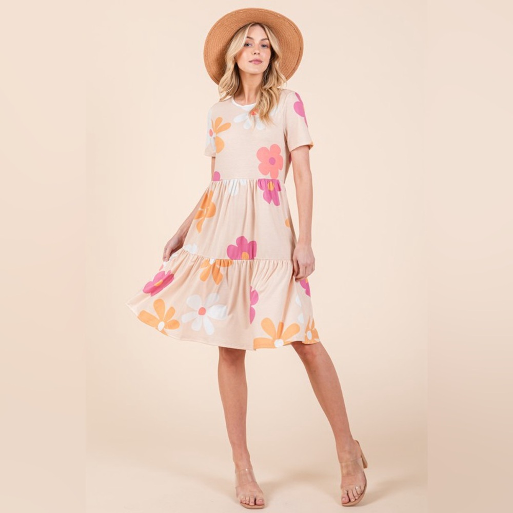 BOMBOM Floral Round Neck Short Sleeve Tiered Dress